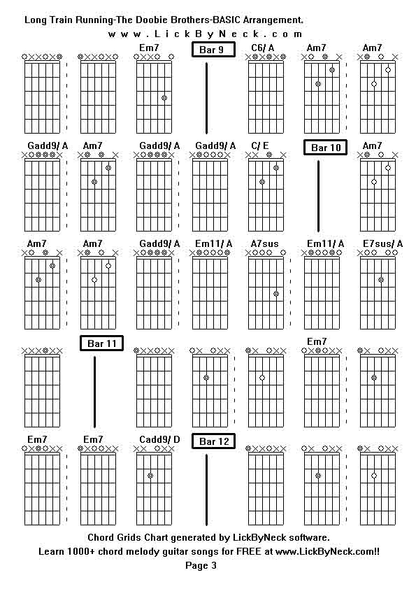 Chord Grids Chart of chord melody fingerstyle guitar song-Long Train Running-The Doobie Brothers-BASIC Arrangement,generated by LickByNeck software.